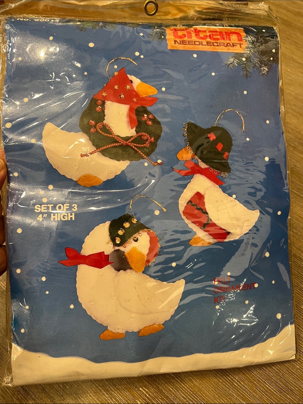 1988 Country Christmas Festive Duck Felt Ornament Set Kit – Blue (Set of 3)